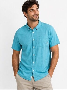 Vans Turquoise Button Down Shirt Men’s Short Sleeve Cotton Casual Beach — Size M